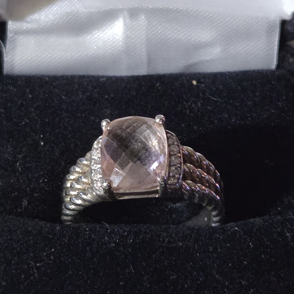 David Yurman Petite Wheaton Ring with Morganite & Diamonds, SS, Size 7
